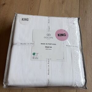DOCOFIL WHITE 100% Cotton Linen KING Sheet Set Made In Portugal Scalloped Edge